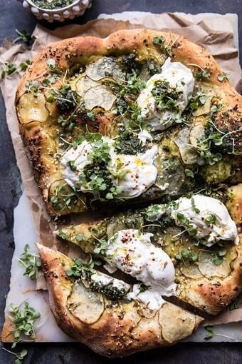 Pesto Potato and Burrata Pizza | halfbakedharvest.com #pizza #easy #recipes #spring