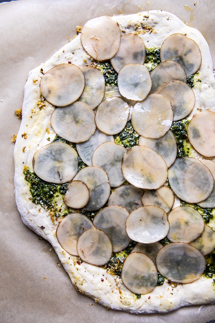 Pesto Potato and Burrata Pizza | halfbakedharvest.com #pizza #easy #recipes #spring