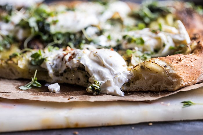 Pesto Potato and Burrata Pizza | halfbakedharvest.com #pizza #easy #recipes #spring