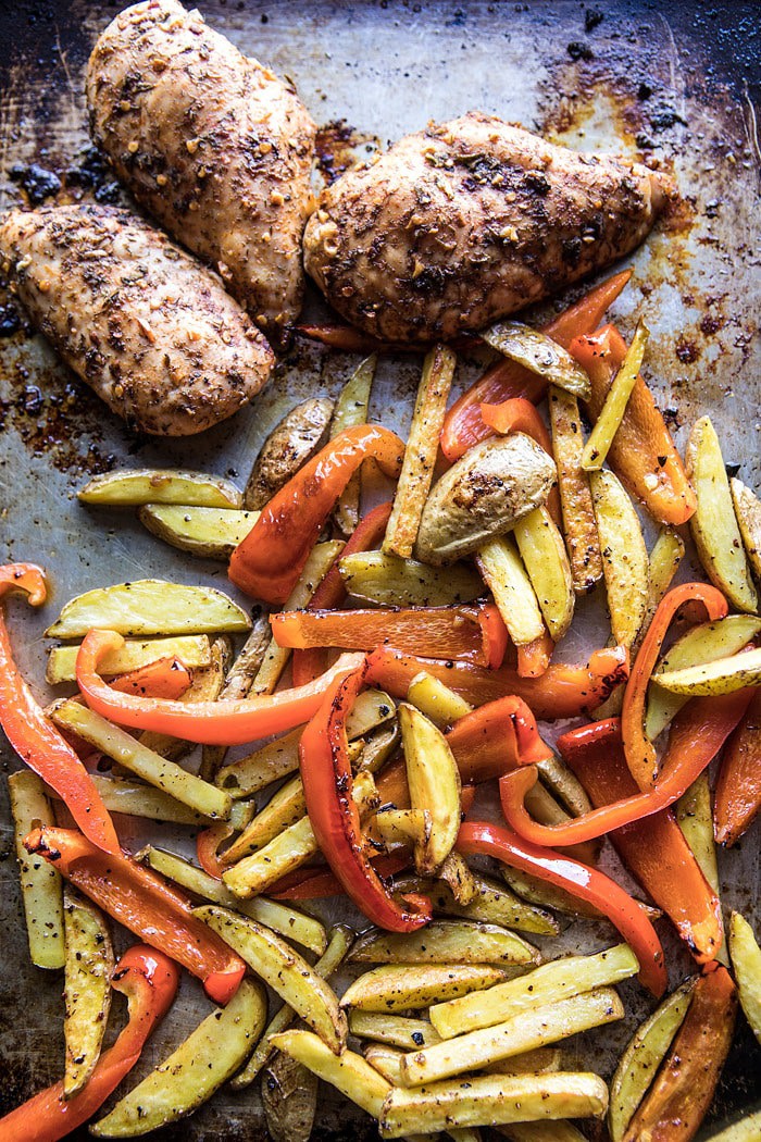 Roasted Greek Chicken and Farro Salad with Oven Fries #healthy #salad #Greek #chicken #easy