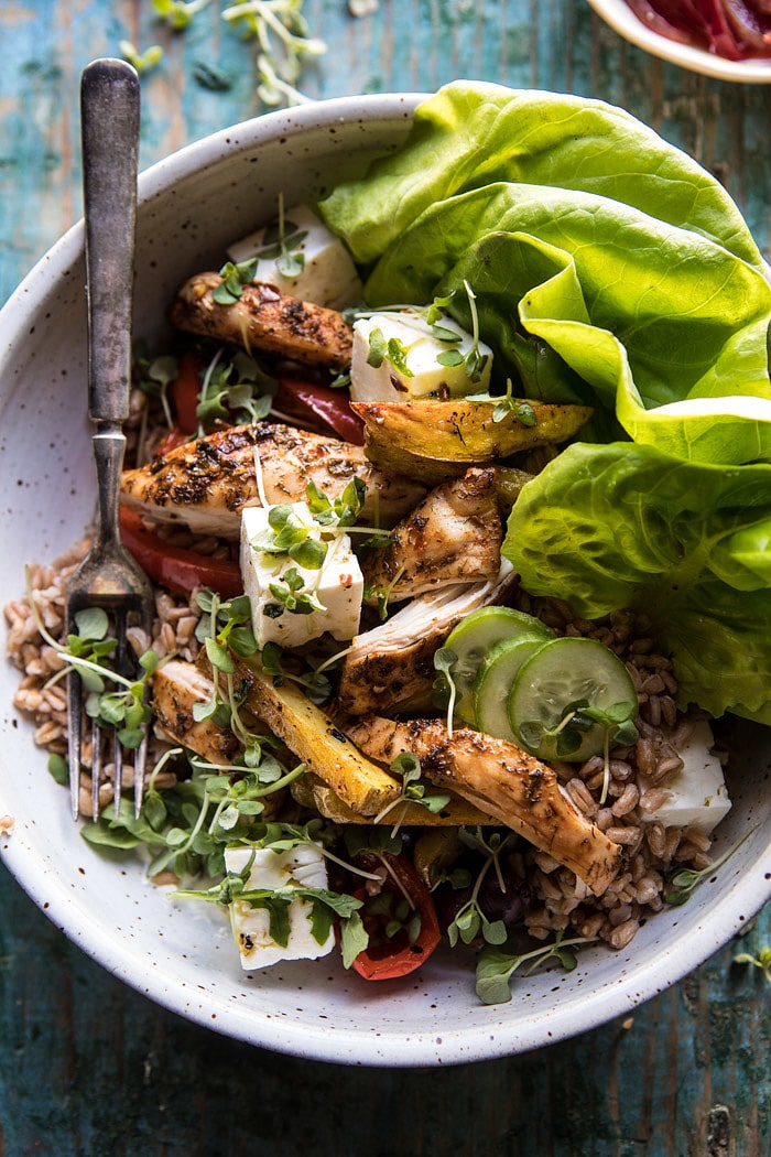 Roasted Greek Chicken and Farro Salad with Oven Fries #healthy #salad #Greek #chicken #easy