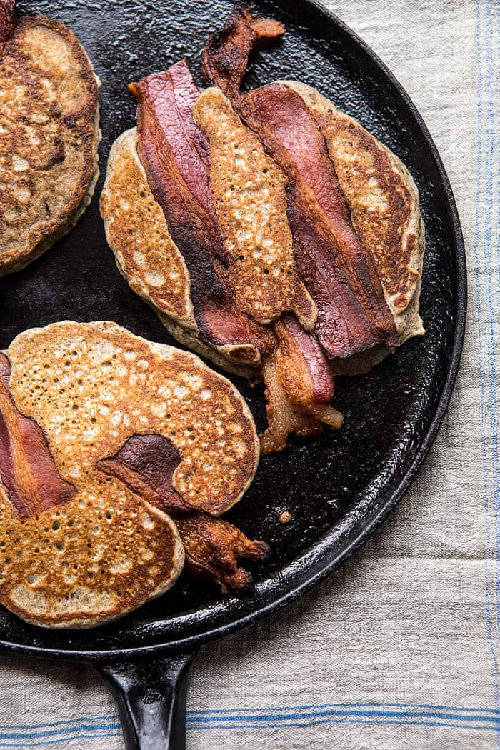 Rye Bacon Pancakes with Blueberries | halfbakedharvest.com #pancakes #brunch #bacon #recipes