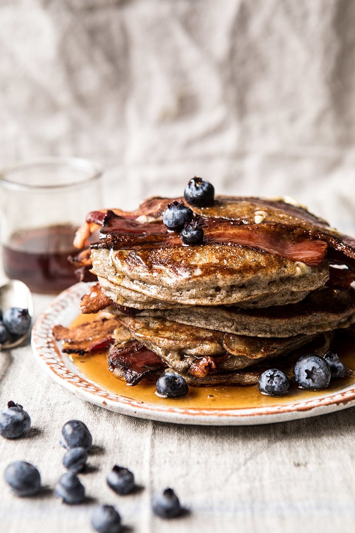 Rye Bacon Pancakes with Blueberries | halfbakedharvest.com #pancakes #brunch #bacon #recipes