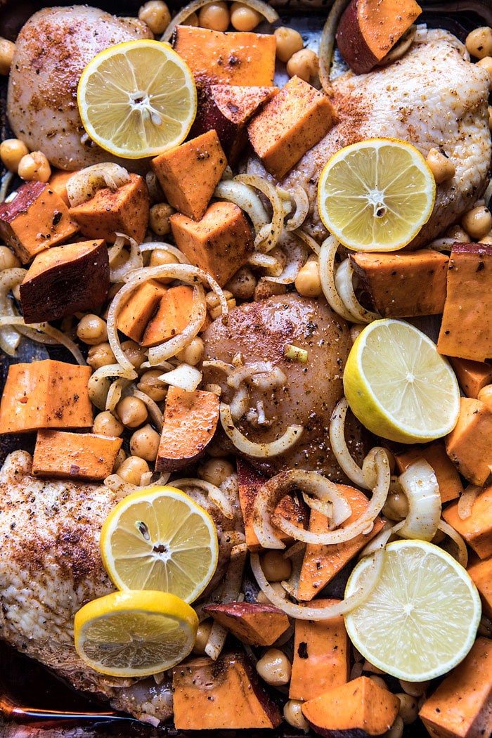Sheet Pan Harissa Chicken with Chickpeas and Sweet Potatoes | halfbakedharvest.com #sheetpan #easy #dinner #chicken