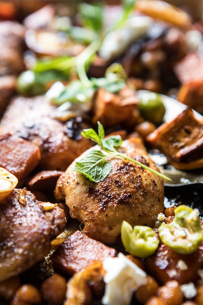Sheet Pan Harissa Chicken with Chickpeas and Sweet Potatoes | halfbakedharvest.com #sheetpan #easy #dinner #chicken