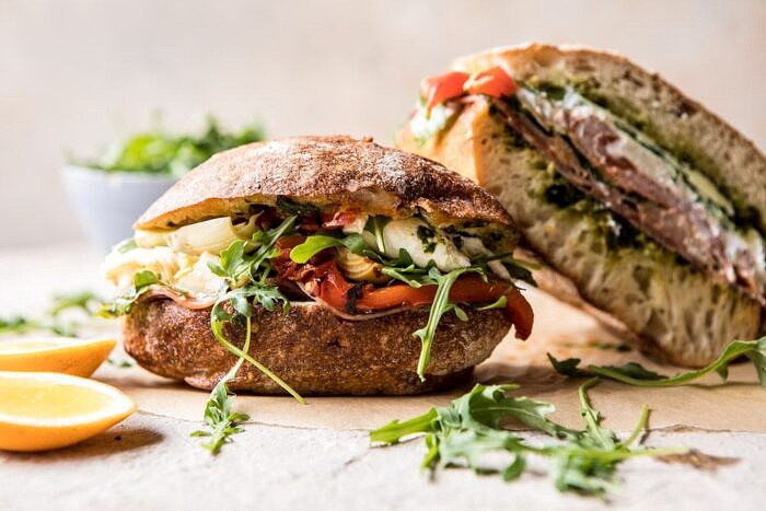 Antipasto Mozzarella Sandwich with Lemony Basil Pesto | halfbakedharvest.com #sandwich #italian #spring #summer #recipes