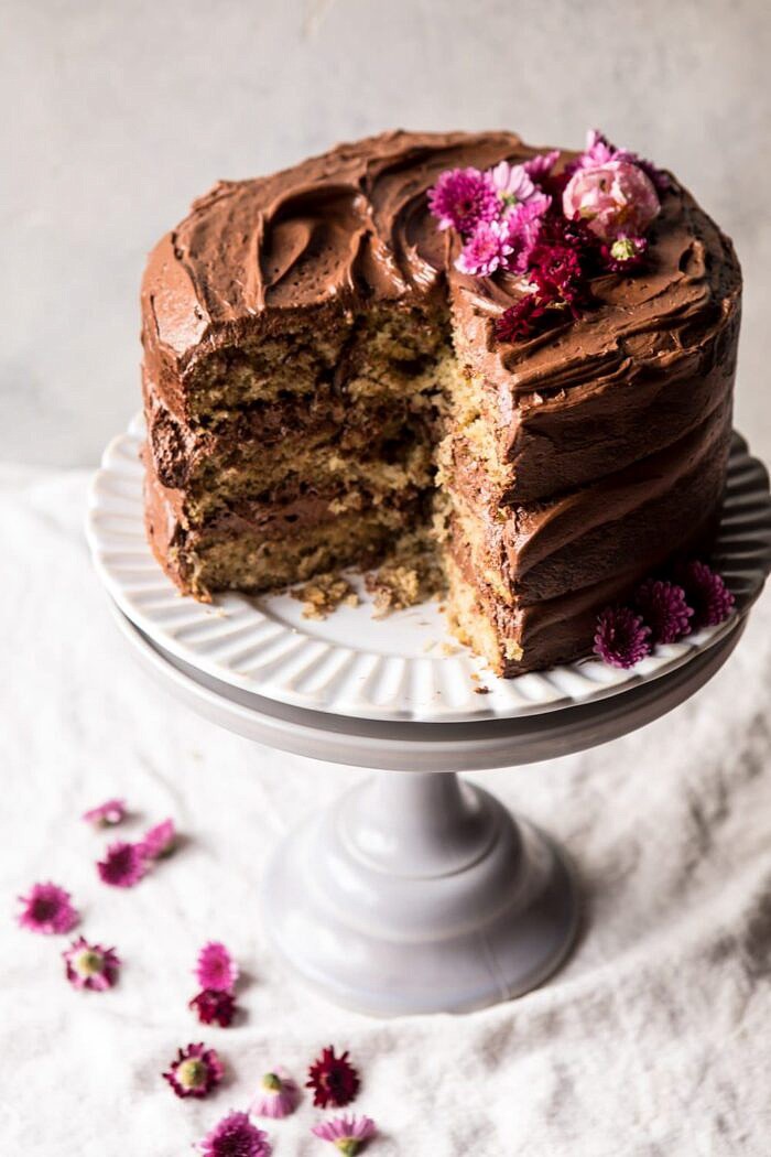 Coconut Banana Cake with Chocolate Frosting | halfbakedharvest.com #Easter #cake #chocolate #spring