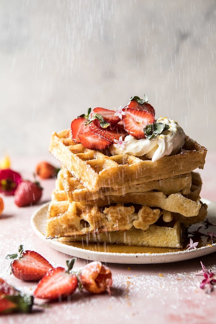 Overnight Waffles with Whipped Meyer Lemon Cream and Strawberries | halfbakedharvest.com #brunch #breakfast #waffles #east #mothersday
