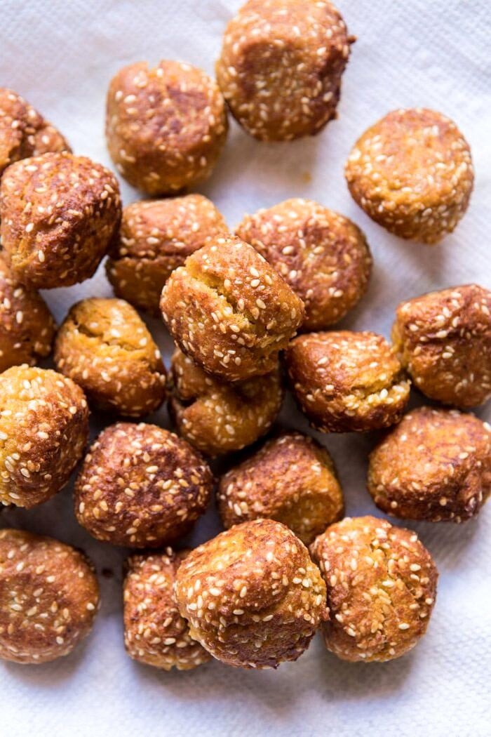 Sesame Falafel with Ginger Tahini and Jalapeño Sauce | halfbakedharvest.com #greek #healthy #recipes