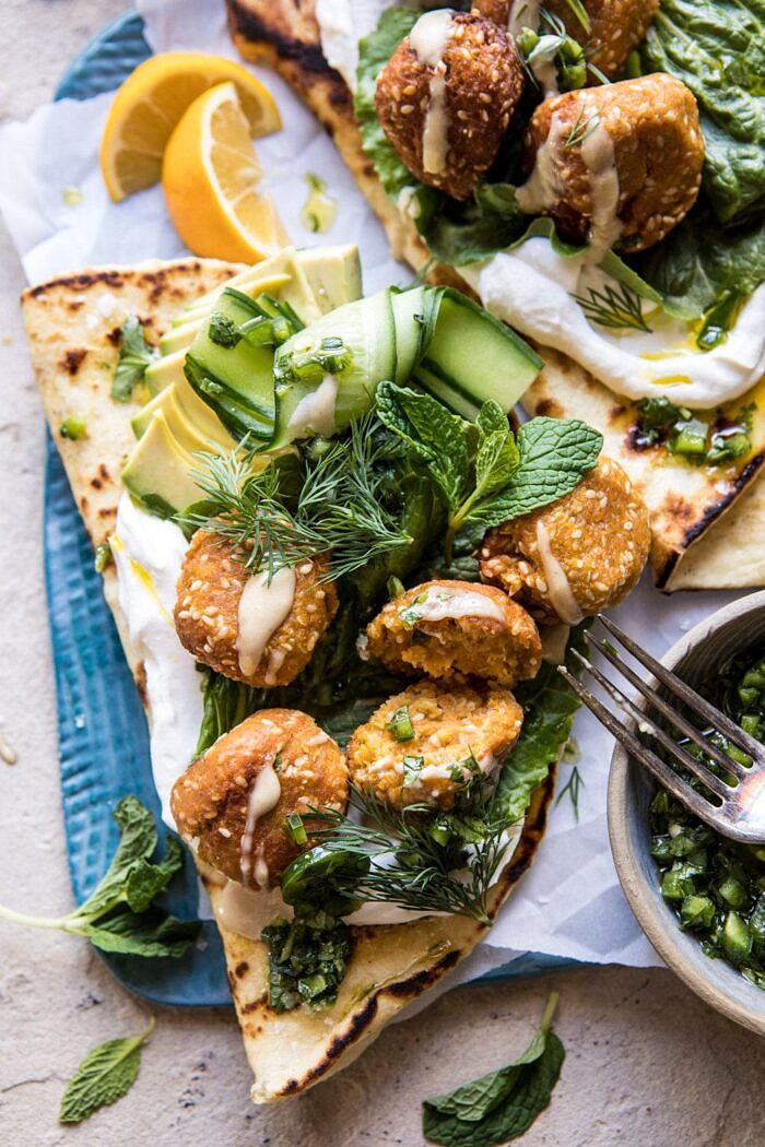 Sesame Falafel with Ginger Tahini and Jalapeño Sauce | halfbakedharvest.com #greek #healthy #recipes