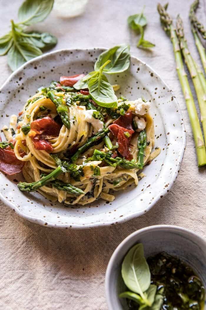 Spicy Pesto, Asparagus, and Ricotta Pasta with Crispy Prosciutto | halfbakedharvest.com #pasta #recipes #quick