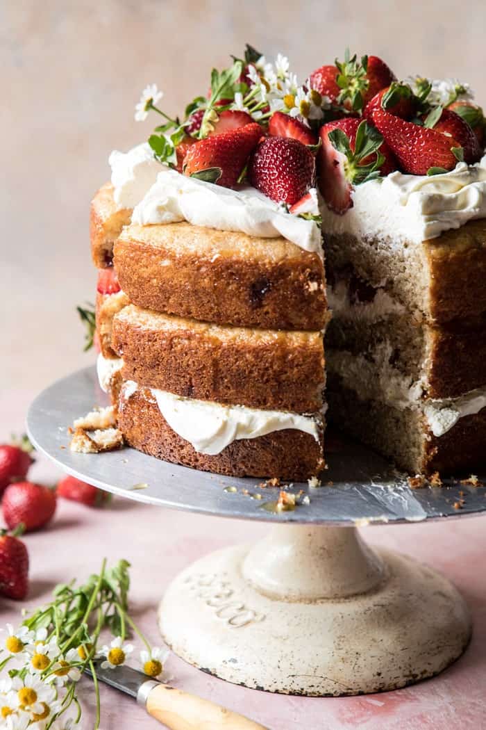 Strawberry Chamomile Naked Cake | halfbakedharvest.com #cake #spring #strawberry #recipes #easter