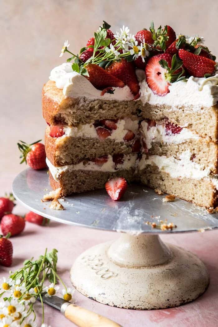 Strawberry Chamomile Naked Cake | halfbakedharvest.com #cake #spring #strawberry #recipes #easter