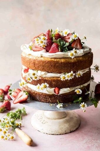 Strawberry Chamomile Naked Cake | halfbakedharvest.com #cake #spring #strawberry #recipes #easter