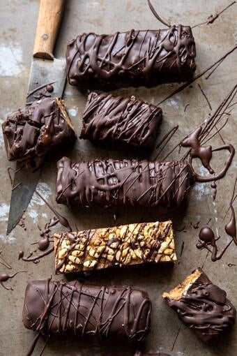 5 Ingredient Chocolate Covered Peanut Butter Crunch Bars | halfbakedharvest.com #chocolate #dessert #healthy