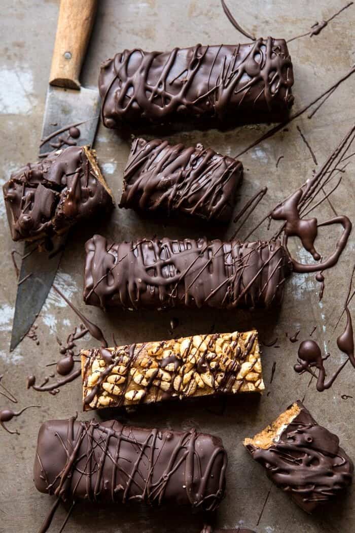 5 Ingredient Chocolate Covered Peanut Butter Crunch Bars | halfbakedharvest.com #chocolate #dessert #healthy