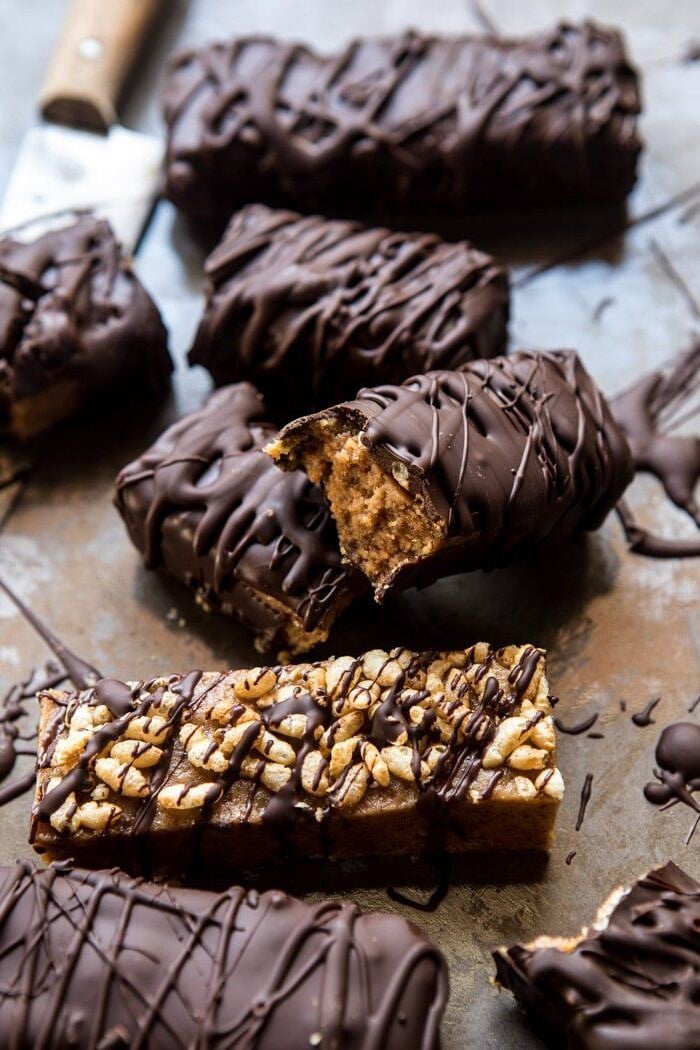 5 Ingredient Chocolate Covered Peanut Butter Crunch Bars | halfbakedharvest.com #chocolate #dessert #healthy