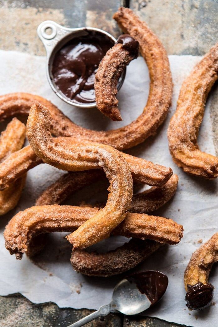 Easy Cinnamon Churros with Coffee Chocolate Sauce | halfbakedharvest.com #mexican #doughnut #dessert #chocolate