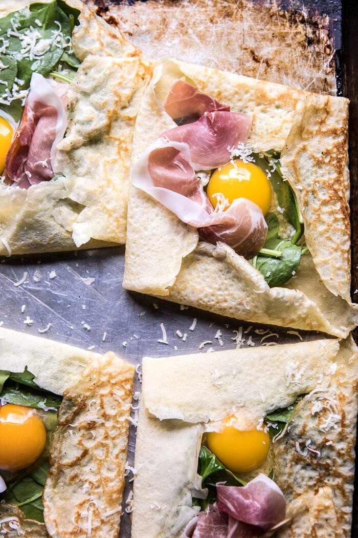 Baked Egg Crepes with Spring Herbs and Avocado | halfbakedharvest.com #breakfast #brunch #easyrecipe unbaked photo of Baked Egg Crepes with Spring Herbs and Avocado