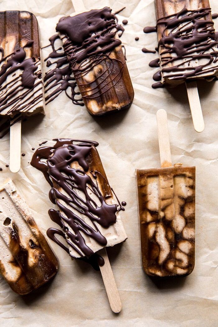 Chocolate Coconut Latte Fudge Popsicles | halfbakedharvest.com #icecream #popsicle #chocolate #healthy prep overhead photo of Chocolate Coconut Latte Fudge Popsicles
