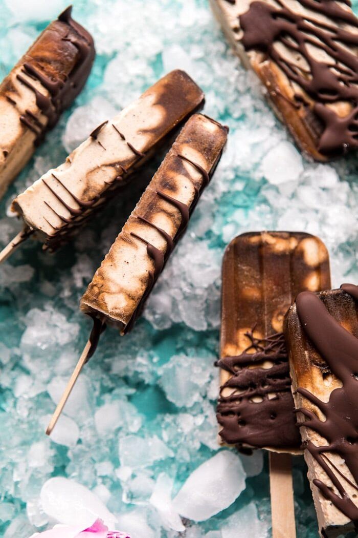 Chocolate Coconut Latte Fudge Popsicles | halfbakedharvest.com #icecream #popsicle #chocolate #healthy overhead photo of Chocolate Coconut Latte Fudge Popsicles turned on their side