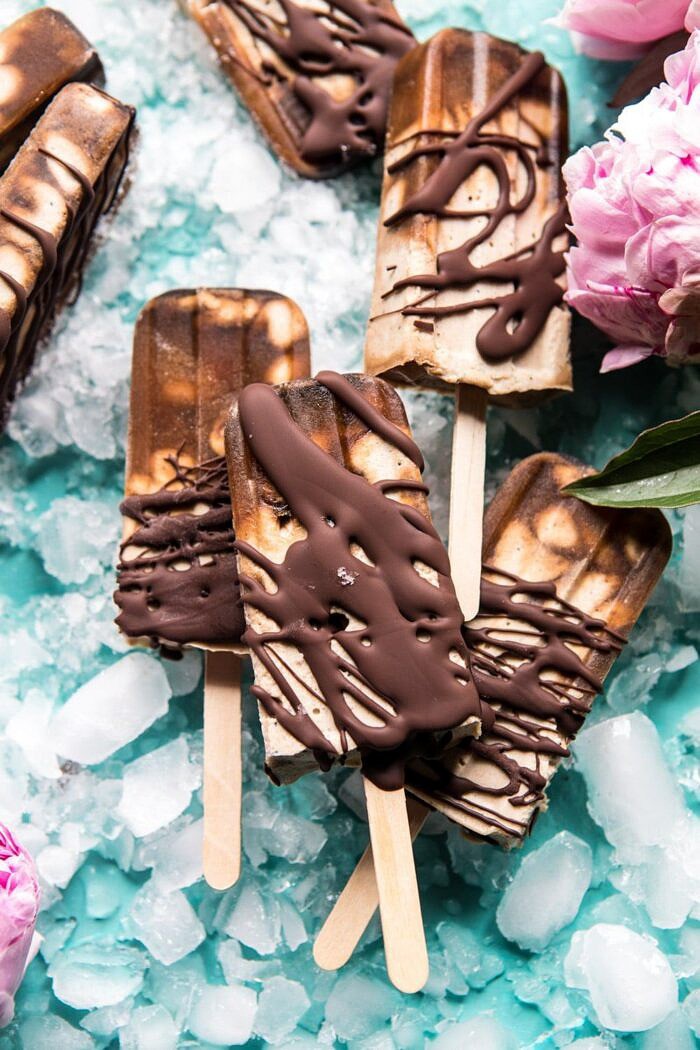 Chocolate Coconut Latte Fudge Popsicles | halfbakedharvest.com #icecream #popsicle #chocolate #healthy close up overhead photo of Chocolate Coconut Latte Fudge Popsicles