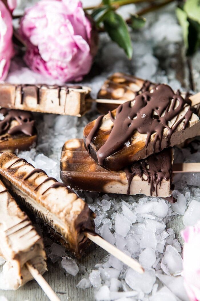 Chocolate Coconut Latte Fudge Popsicles | halfbakedharvest.com #icecream #popsicle #chocolate #healthy side angle photo of Chocolate Coconut Latte Fudge Popsicles