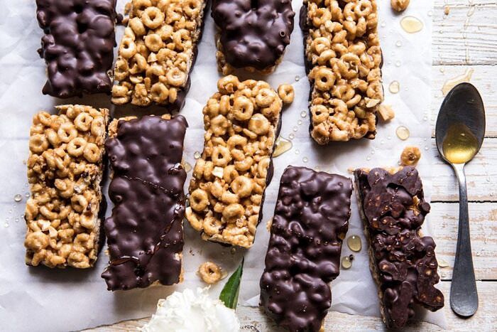 overhead horizontal photo Chocolate Dipped Peanut Butter and Honey Cheerio Bars 