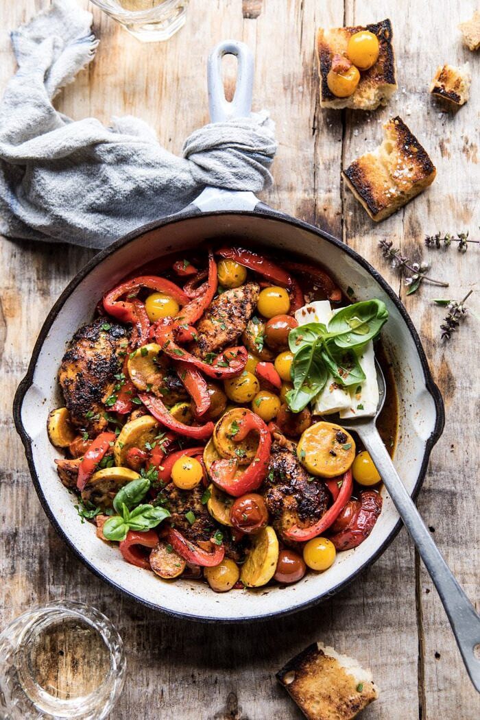 overhead photo of Skillet Lemon Pepper Chicken and Garden Veggies with Feta and Basil 