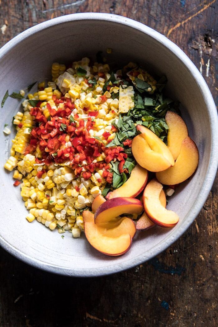 Spicy Corn and Peaches with Burrata | halfbakedharvest.com #summer #easyrecipe #salad overhead prep photo of Spicy Corn and Peaches with Burrata