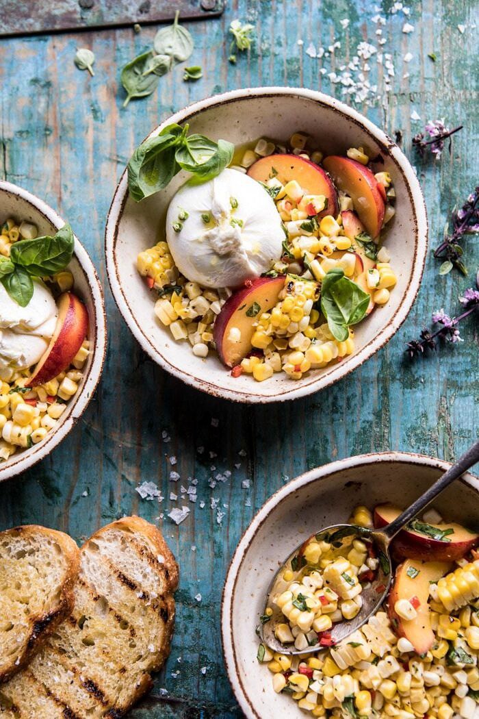 Spicy Corn and Peaches with Burrata | halfbakedharvest.com #summer #easyrecipe #salad close up overhead photo of Spicy Corn and Peaches with Burrata