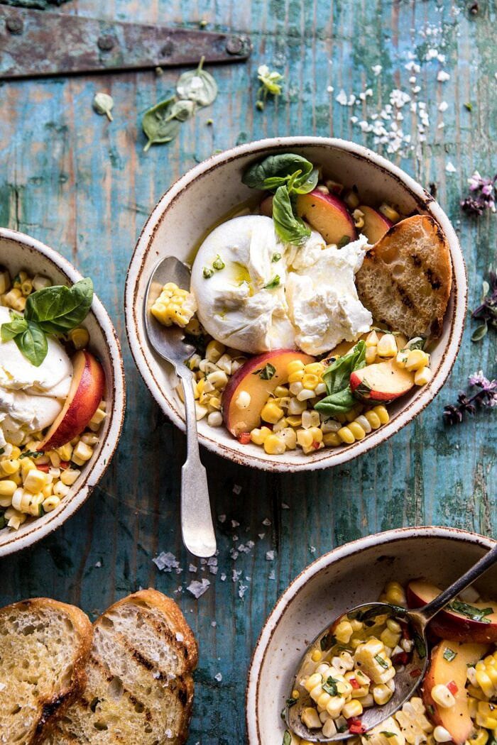 Spicy Corn and Peaches with Burrata | halfbakedharvest.com #summer #easyrecipe #salad broken into overhead photo of Spicy Corn and Peaches with Burrata