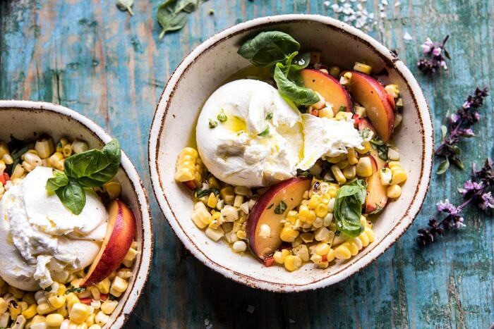 Spicy Corn and Peaches with Burrata | halfbakedharvest.com #summer #easyrecipe #salad horizontal photo of Spicy Corn and Peaches with Burrata