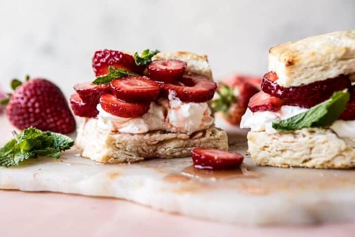 Strawberry Bourbon Shortcakes | halfbakedharvest.com #strawberries #shortcake #spring #summer #easyrecipe horizontal photo of Strawberry Bourbon Shortcakes