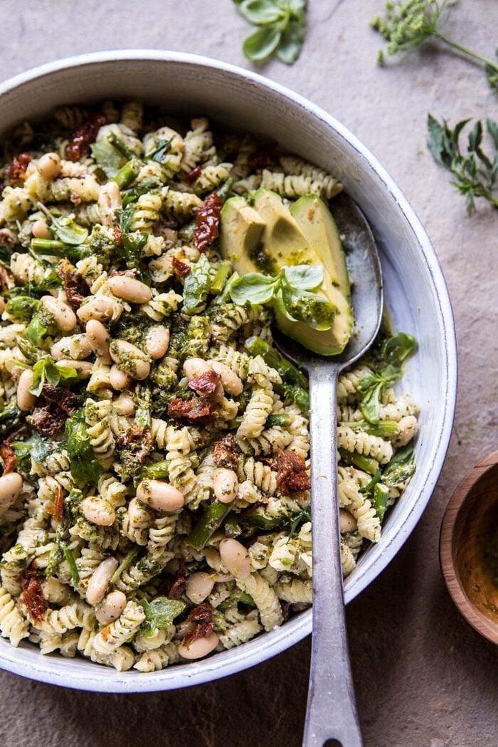 Sun-Dried Tomato, White Bean, and Goat Cheese Pasta Salad | halfbakedharvest.com #quick #healthy #easyrecipes #salad