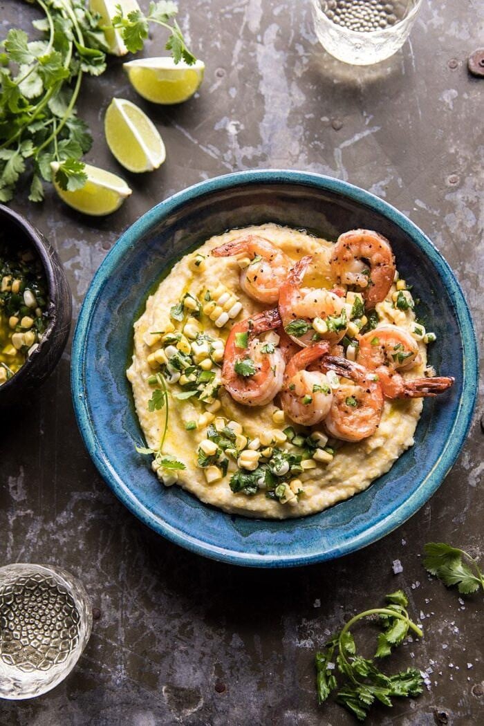 Sweet Corn Chimichurri Butter Shrimp with Polenta | halfbakedharvest.com #summer #shrimp #easyrecipes