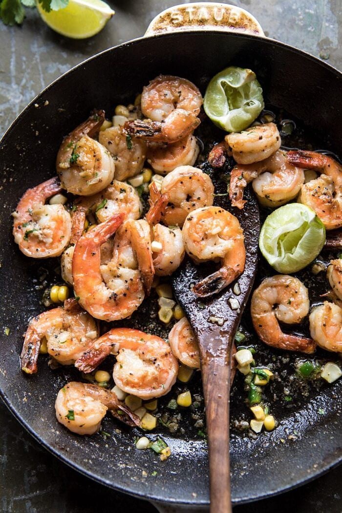 overhead photo of chimichurri shrimp