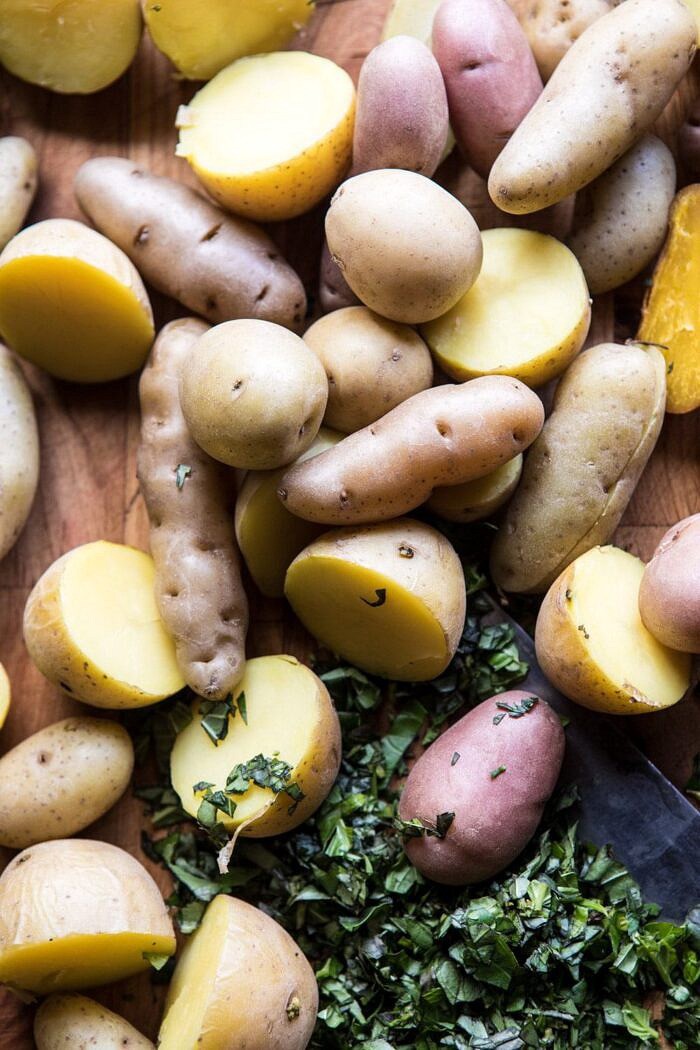 overhead prep photo of potatoes before salad dressing
