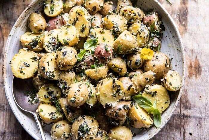 overhead horizontal photo of The Best Herby Potato Salad