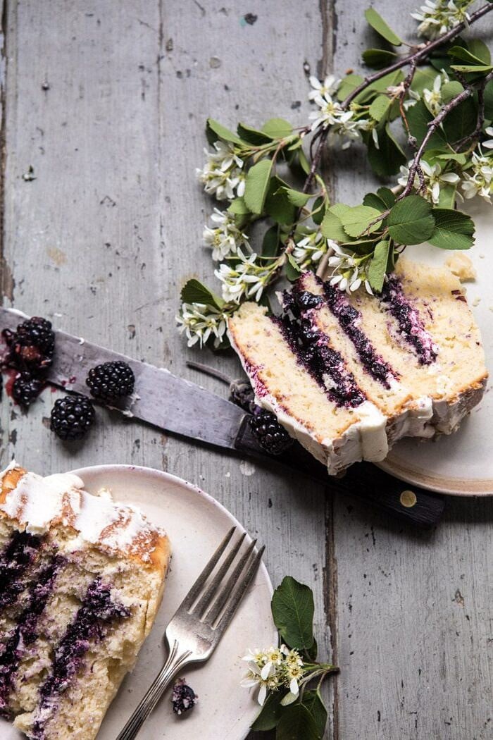 Blackberry Lavender Naked Cake with White Chocolate Buttercream | halfbakedharvest.com #summerrecipes #layercake #blueberries
