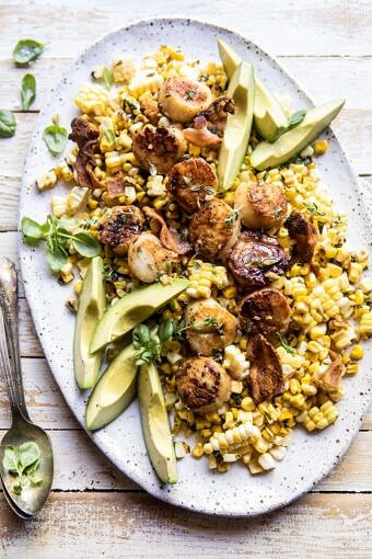 Brown Butter Scallops with Corn, Bacon, and Avocado Salad | halfbakedharvest.com #scallops #summerrecipes #easyrecipes