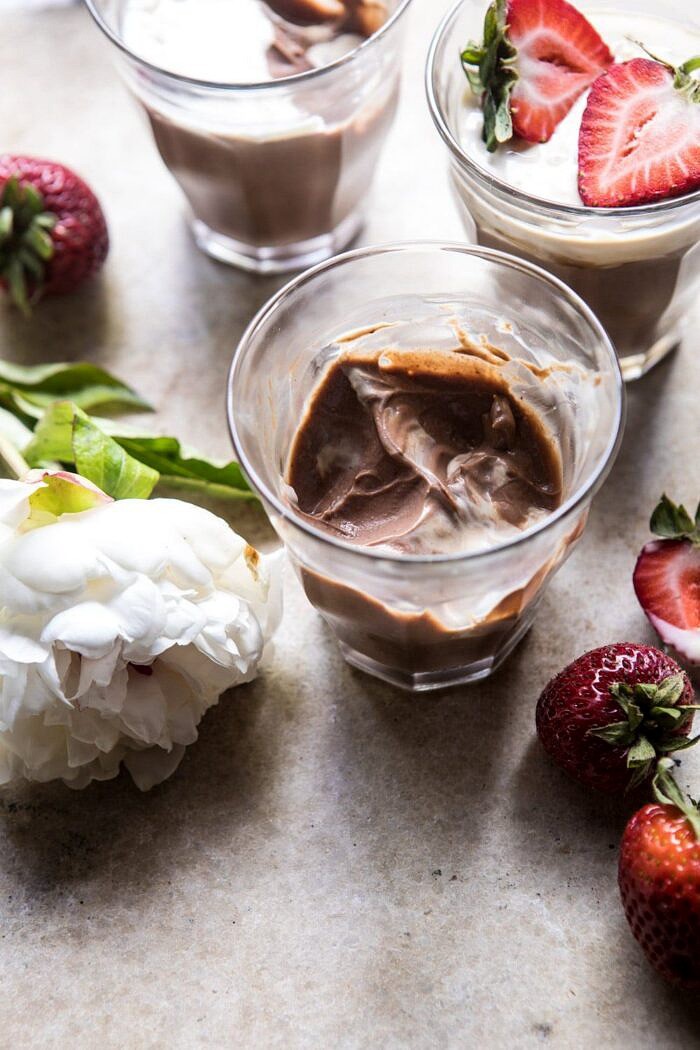 Creamy Mocha Custard | halfbakedharvest.com #chocolate #dessert #summerrecipes overhead photo Creamy Mocha Custard with bites taken out