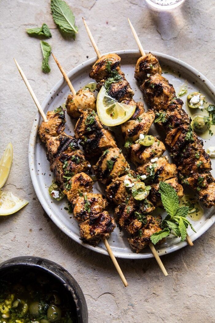 overhead photo of Moroccan Grilled Chicken with Herby Lemon Olive Vinaigrette 