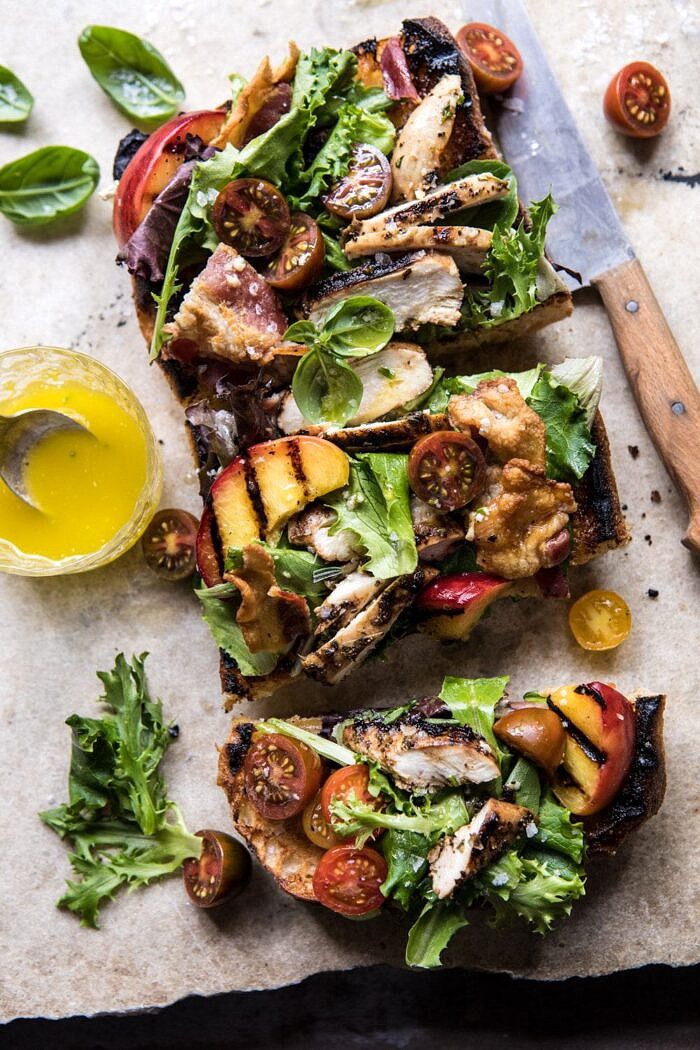 Open Faced Rosemary Chicken, Peach, and Bacon Sandwich | halfbakedharvest.com #summerrecipe #easyrecipes #peach #chicken #healthy overhead photo of Open Faced Rosemary Chicken, Peach, and Bacon Sandwich