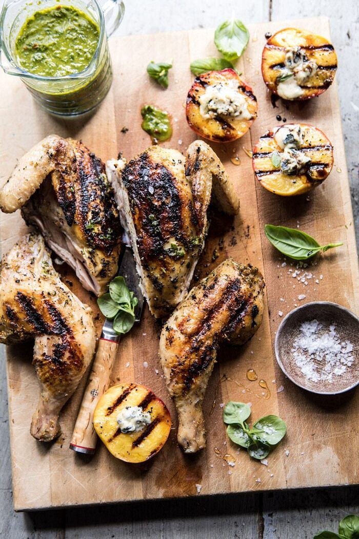 Whole Grilled Chicken with Peaches and Basil Vinaigrette | halfbakedharvest.com #chicken #easy #grilling #summer