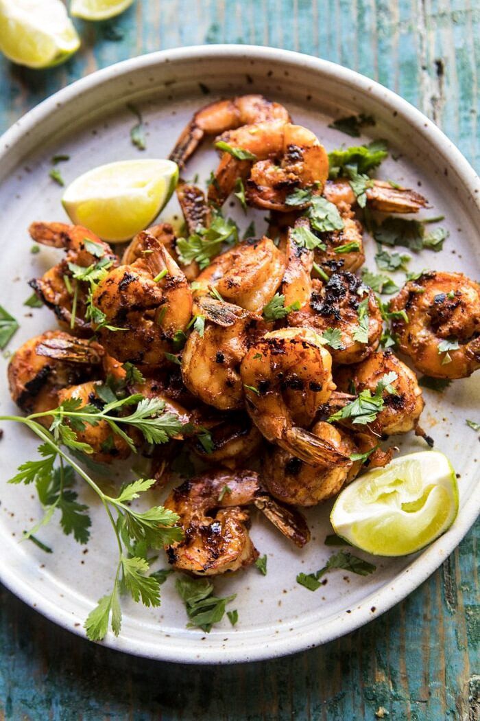 Zesty Grilled Shrimp, Bread and Sweet Peach Salad with Avocado Vinaigrette | halfbakedharvest.com #salad #shrimp #healthyrecipes #summerrecipes #grilling