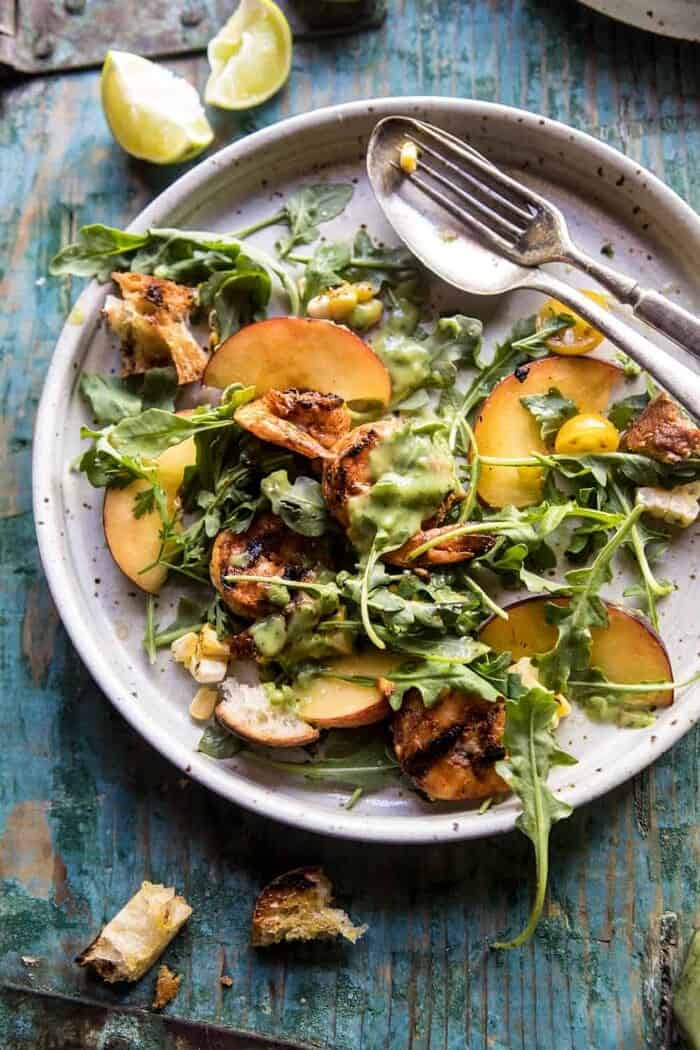 Zesty Grilled Shrimp, Bread and Sweet Peach Salad with Avocado Vinaigrette | halfbakedharvest.com #salad #shrimp #healthyrecipes #summerrecipes #grilling