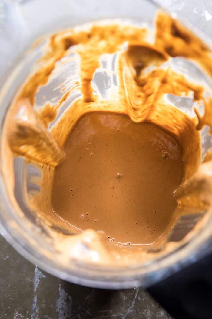 overhead photo of sesame sauce in blender