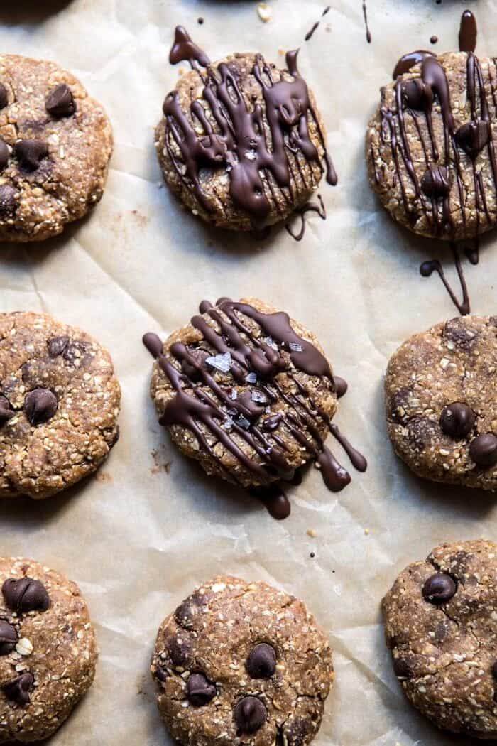 6 Ingredient No Bake Chocolate Chip Cookies | halfbakedharvest.com #cookies #healthy #chocolate #vegan #nobake overhead photo of 6 Ingredient No Bake Chocolate Chip Cookies on cookie sheet