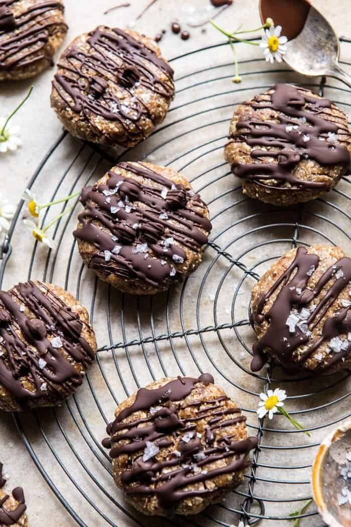 6 Ingredient No Bake Chocolate Chip Cookies | halfbakedharvest.com #cookies #healthy #chocolate #vegan #nobake overhead close up photo of 6 Ingredient No Bake Chocolate Chip Cookies
